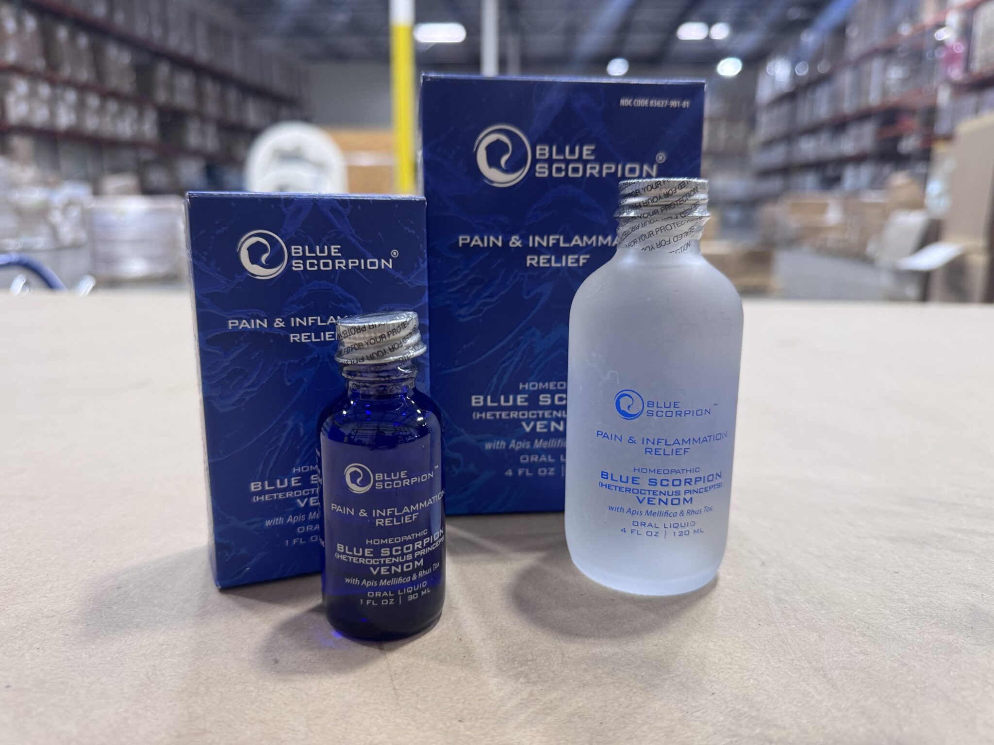 Blue Scorpion bottles in a TCB Global fulfillment center ready for medical logistics support