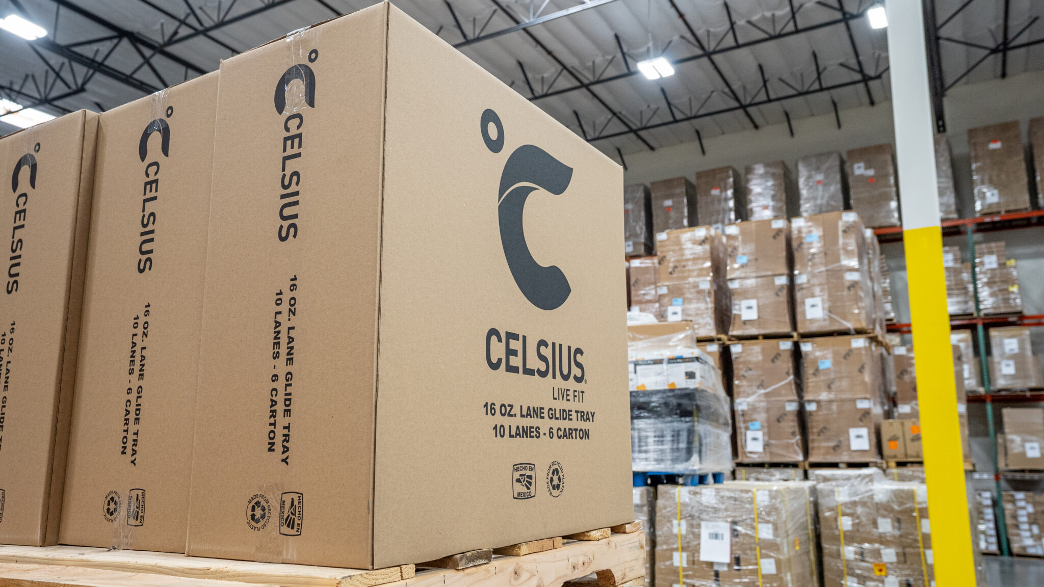Boxes of Celsius in a TCB warehouse, efficiently keeping down fulfillment costs with precise fulfillment services.