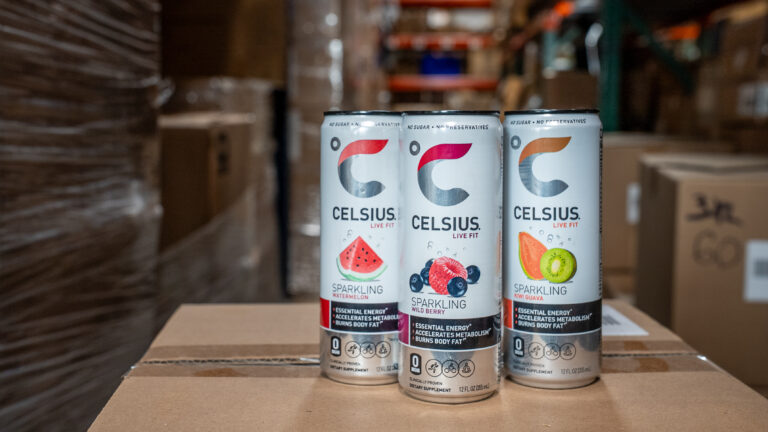 Cans of Celsius at our TCB warehouse, ready to succeed at beverage distribution logistics