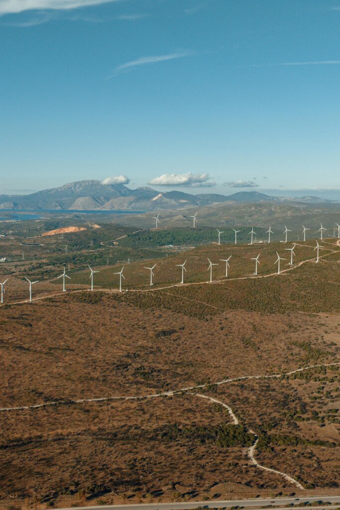 Aerial view of wind turbines in Çeşme, İzmir, showcasing renewable energy.