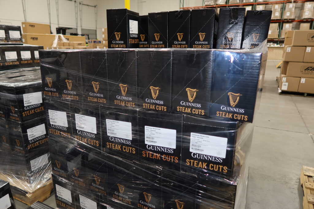 Guinness steak cuts on a pallet ready for Food-Grade Fulfillment services.